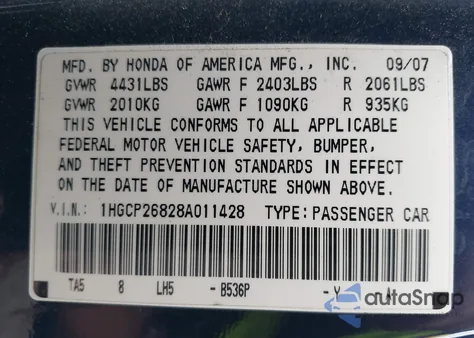 2008 Honda Accord 2.4 Ex-L from USA, damaged, VIN 1HGCP26828A011428